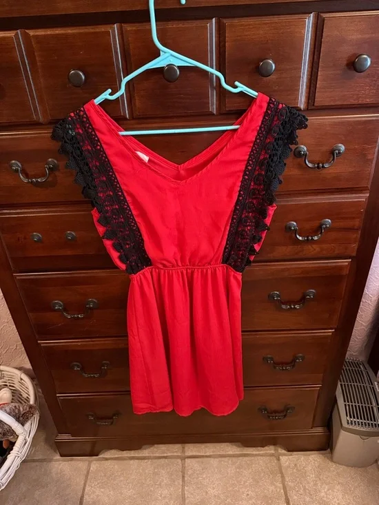 Red Dress with Black Lace Trim - Picture 2 of 3